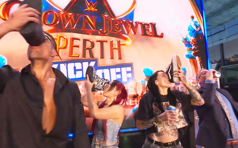 Rhea Ripley, Grayson Waller, IYO SKY & Michael Cole Celebrate With Shoeys at Crown Jewel Kickoff Show